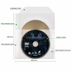 DVD-sampak - 50 dobbelte DVD-lommer med filt, 2 DVD-mapper
